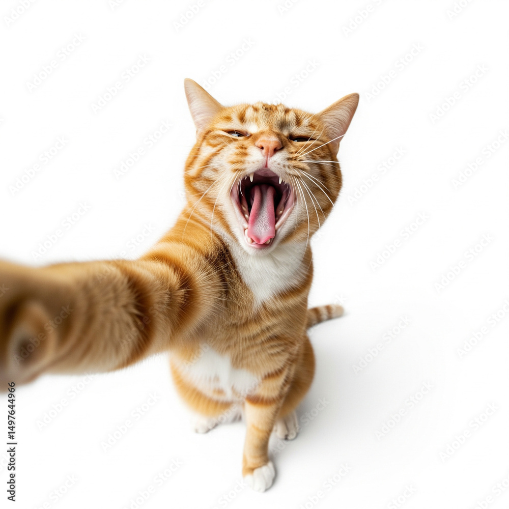 Obraz premium ginger cat memes, ginger tabby meme, yawning, ginger cat selfie close-up, ginger tabby selfie close-up, cat with extended arm selfie, ginger cat with extending arm selfie, close-up selfie, yawning cat