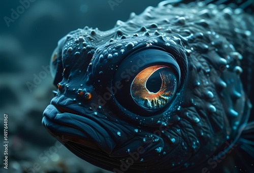 A fascinating underwater creature with strikingly large, colorful eyes swims gracefully through the deep sea, showcasing intricate textures and patterns on its skin.