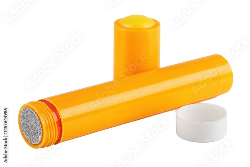 Orange cylindrical container with a gray and white bottom and a white cap.