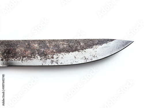 A custom-made steel knife blade, isolated on a clean white background, with a sharp edge and polished surface, no shadow.