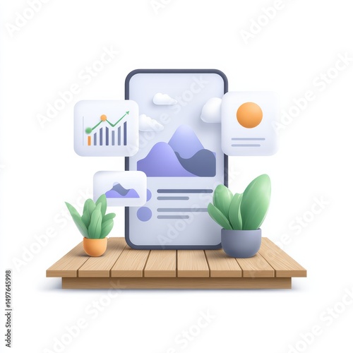 A smartphone displaying data and images stands on a wooden platform, surrounded by floating icons and potted plants.