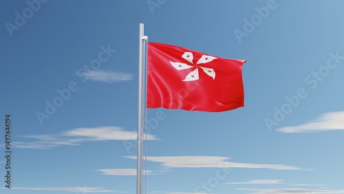3D rendering of the Hong Kong flag, featuring a red field with a white five-petal orchid flower in the center, beautifully waving against a clear sky background, symbolizing identity and harmony.

