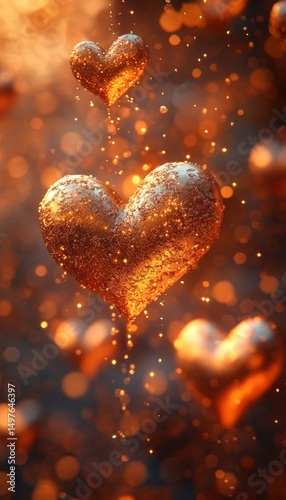 Golden hearts falling, bokeh background, romantic, Valentine's Day