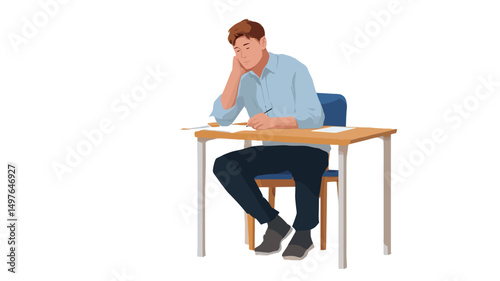 A man sits at a desk, looking thoughtful while resting his head on his hand.
