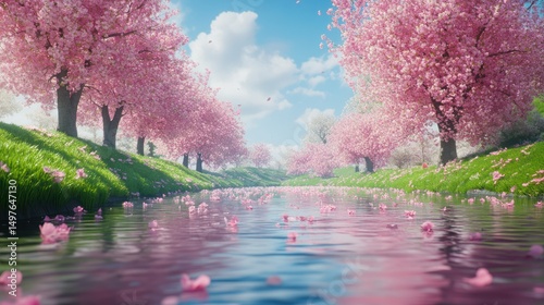 Tranquil river scene with pink cherry blossoms and green grass banks.