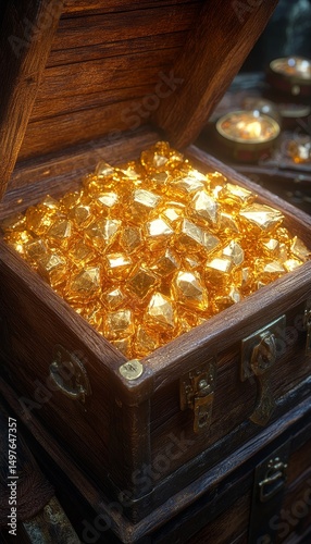 Gold treasure chest, jewels, dark room, riches, wealth