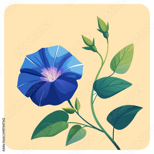 Elegant floral art featuring a blue flower and green buds against a peach-colored backdrop