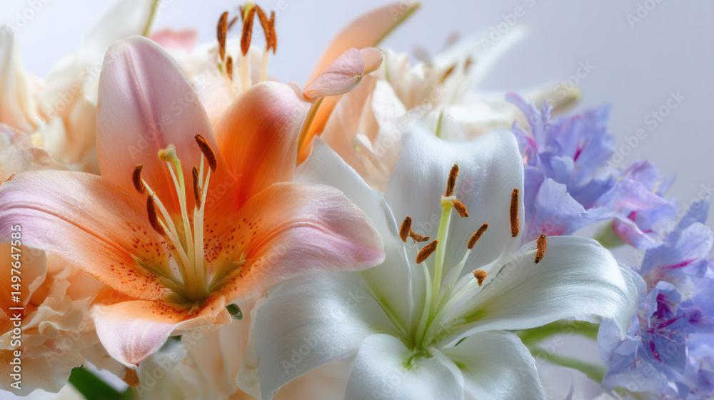 Symmetrical close-up of vibrant lilies in pastel hues capturing elegance and delicate beauty Symmetrical close-up of vibrant lilies in pastel hues capturing elegance and delicate beauty