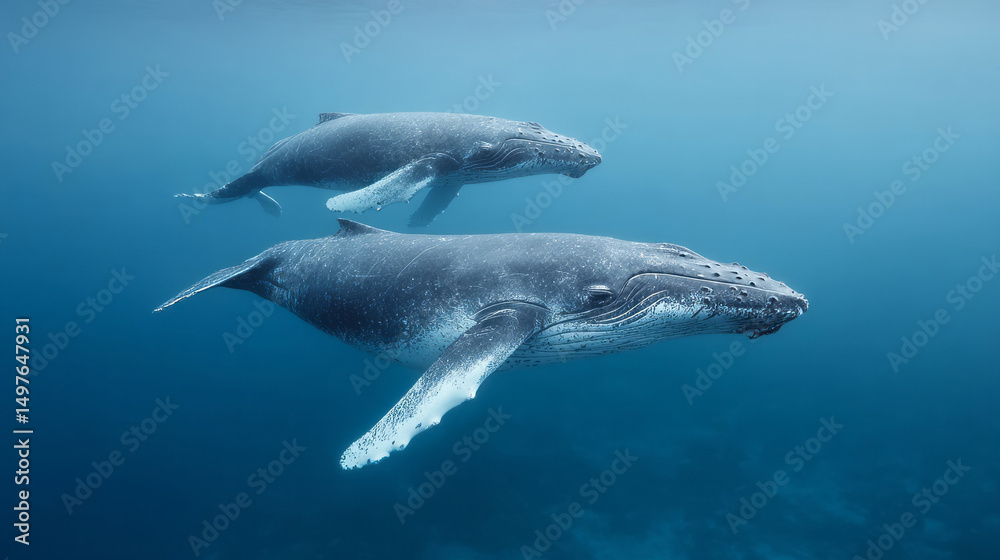 Fototapeta premium Majestic humpback whales glide serenely, evoking Ocean Day's harmony and whispering ancient sea-legends beneath azure waves