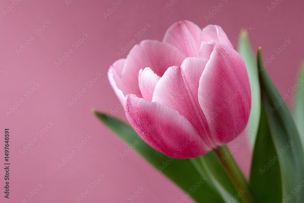 Fototapeta premium Close-up of pink tulip with dew against pink background