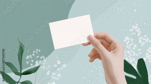 Hand holding blank card on soft green floral background illustration