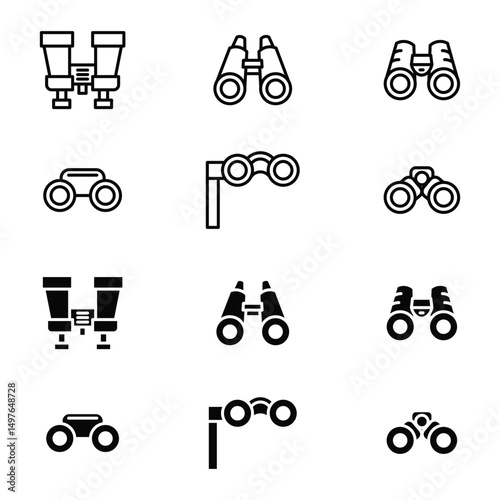 Binoculars vision tool equipment outline and solid set for outdoor adventure exploration travel search icon vector illustration design.