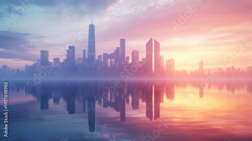 Wallpaper Mural City buildings silhouetted against a colorful sunset sky reflected in water Torontodigital.ca