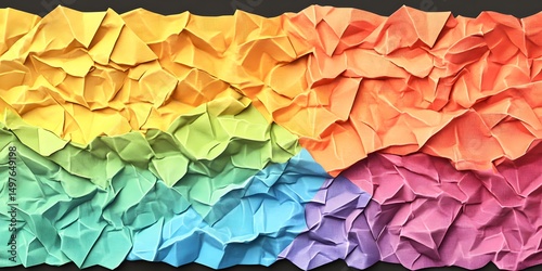 A vibrant background featuring a rainbow spectrum of crumpled paper arranged horizontally in layers