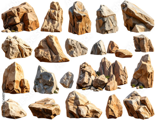 Collection of various rock formations, diverse shapes and sizes, earthy tones