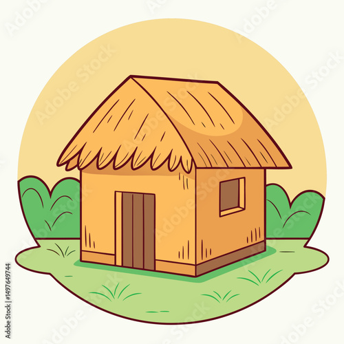 Illustration of a straw house under construction or decay