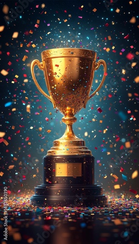 Golden trophy victory confetti celebration