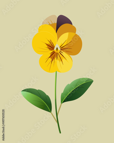 Stylized yellow pansy on a neutral background, featuring shades of yellow, gold, brown, and purple