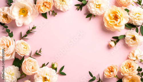 Happy Women’s Day floral decoration on pastel pink background, celebration concept photo
