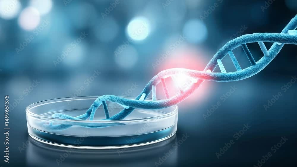 digital DNA helix overlay above embryo culture dish, symbolizing genetic science in IVF, with a biomedical lab background