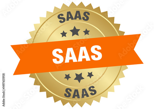 saas. saas round orange and gold label isolated on transparent background