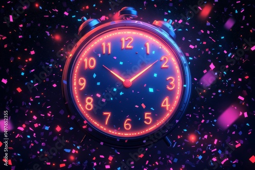 Midnight alarm clock, confetti celebration