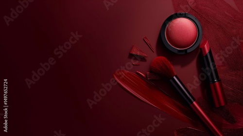 Top view of a red makeup set with a brush and lipstick on a dark burgundy background, a flat lay banner for a cosmetic products template design with copy space