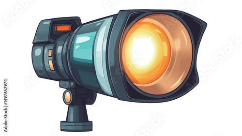 A digital illustration depicts a powerful spotlight, rendered in a cartoonish style. The spotlight is predominantly dark teal and black, with a white stripe accentuating its cylindrical body.
