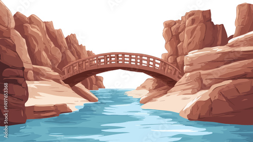 The image is a digital illustration depicting a wooden arch bridge spanning a narrow river flowing through a canyon. The bridge is rendered in warm browns