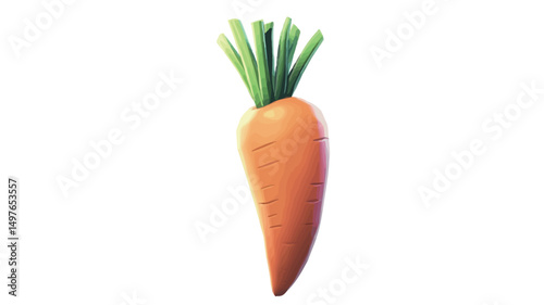 A digital illustration of a single carrot against a pure white background. The carrot is depicted in a stylized manner, with a smooth, slightly glossy texture and a vibrant orange hue. The leaves