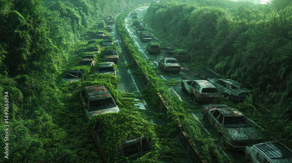 Fototapeta premium Overgrown, abandoned cars on highway after the apocalypse. Eerie and desolate.