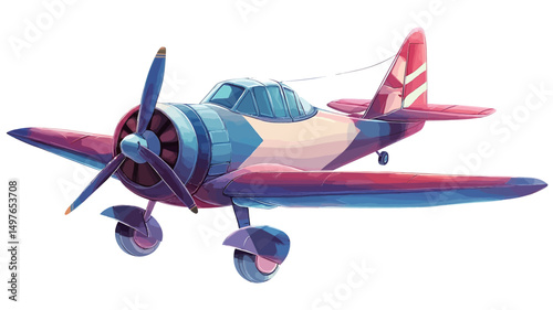 A digital illustration of a vintage biplane, rendered in a painterly style. The aircraft is predominantly red and blue with white accents, exhibiting a slightly cartoonish aesthetic.