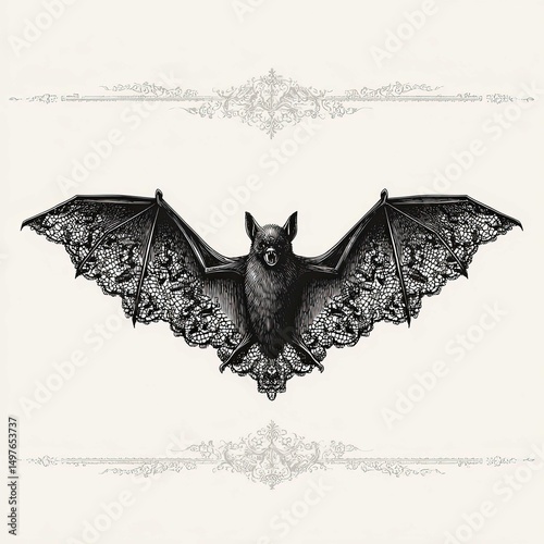 Engraved Bat With Lace Wings on Decorative Background