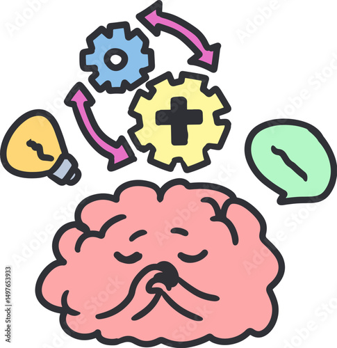 Brain Praying with Gears and Light Bulb Cartoon. Perfect for designs related to creativity, inspiration, brainstorming, or mindfulness themes.