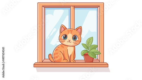 An orange tabby cat sits on a windowsill next to a potted plant.
