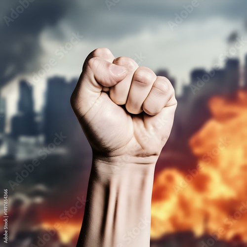 A clenched fist raised in defiance against a backdrop of urban fire and destruction.