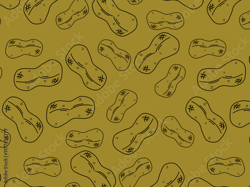 A seamless vector-style pattern featuring hand-drawn peanuts in shells, illustrated with simple black line art on a brown background. This fun and organic design is ideal for food packaging
