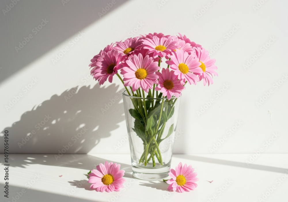 Fototapeta premium Pink daisy flowers in glass vase isolated on transparent background