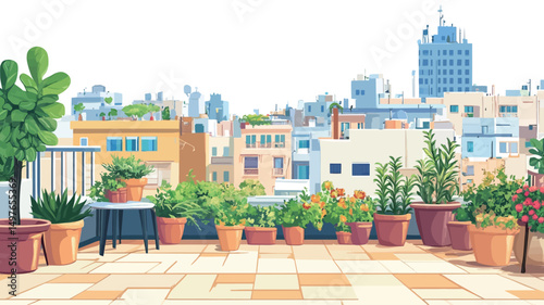 A digital illustration depicting a vibrant rooftop garden overlooking a cityscape. The style is a stylized flat vector illustration characterized by clean lines and bold colors.