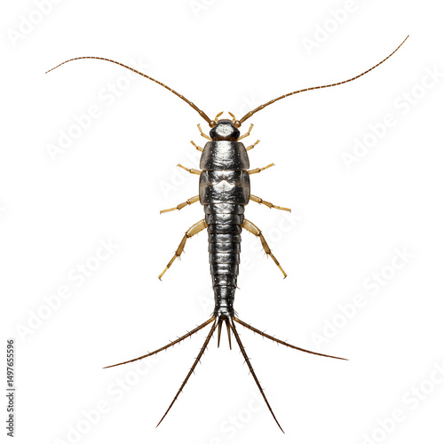 A detailed close-up shot of a silverfish insect, captured against a transparent background.