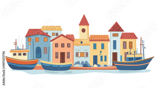 A vibrant, digitally rendered illustration depicts a picturesque coastal village scene. The illustration features a row of colorful, stylized buildings in a Mediterranean architectural style, with