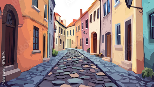 The image showcases a digital painting or illustration of a narrow cobblestone street lined with colorful buildings. The buildings are rendered in a painterly style with vibrant pastel shades of