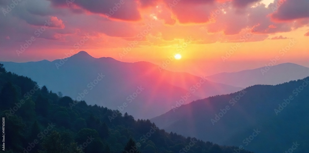 Fototapeta premium Serene sunrise over a misty mountain range, conveying a sense of spiritual awakening and inner peace Perfect for meditation, yoga, or mindfulness themes , reflection, sacred, serene background