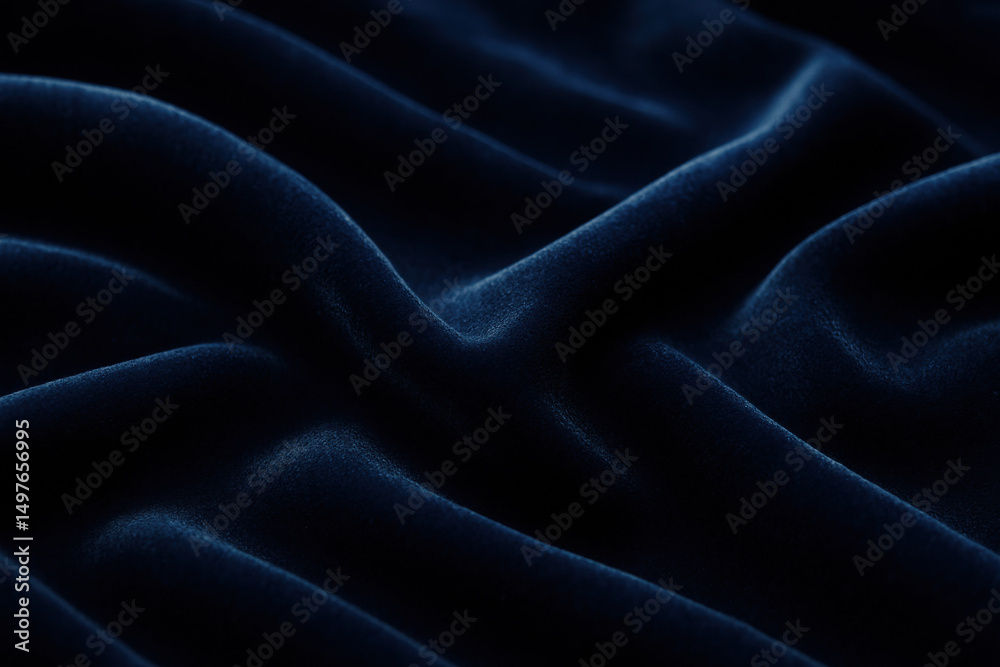 Deep blue velvet fabric draped elegantly, showcasing rich texture and soft sheen, creating a luxurious atmosphere ideal for fashion and interior design applications Deep blue velvet fabric draped elegantly, showcasing rich texture and soft sheen, creating a luxurious atmosphere ideal for fashion and interior design applications