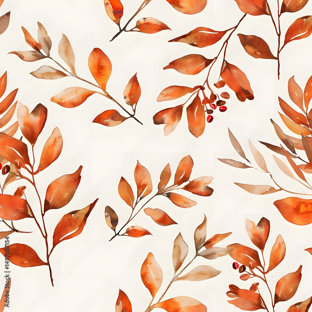 Obraz premium Watercolor-style autumn leaves in warm tones arranged in a seamless pattern on a light background. Concept of seasonal nature