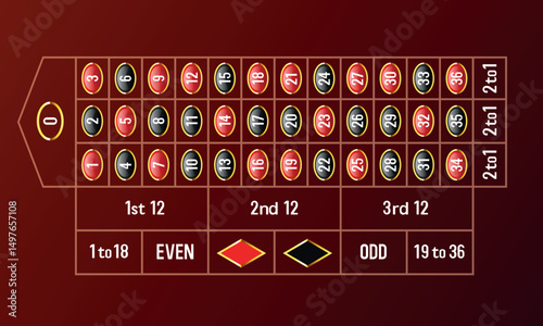 Roulette table. European roulette table. Vector illustration.