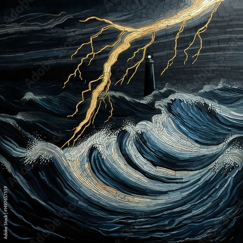 Lighthouse Facing a Stormy Sea: A Mosaic Masterpiece