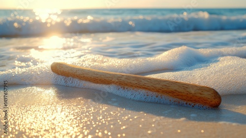 Wooden stick on beach at sunrise photo