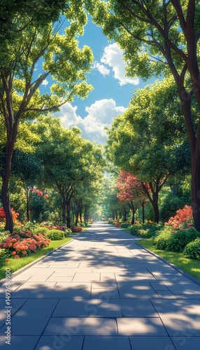 Sunlit path through lush park, tranquil scene, nature wallpaper