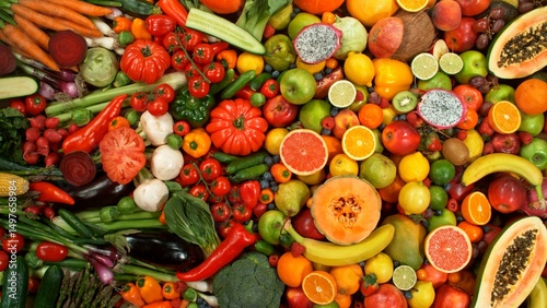 Different Types of Fresh Fruit and Vegetables on a Pile , Close-up